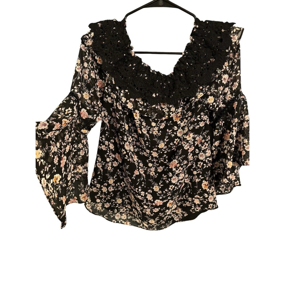 WHBM SIZE XS BLACK FLORAL LACE TRIM OFF THE SHOULDER TOP BELL SLEEVE